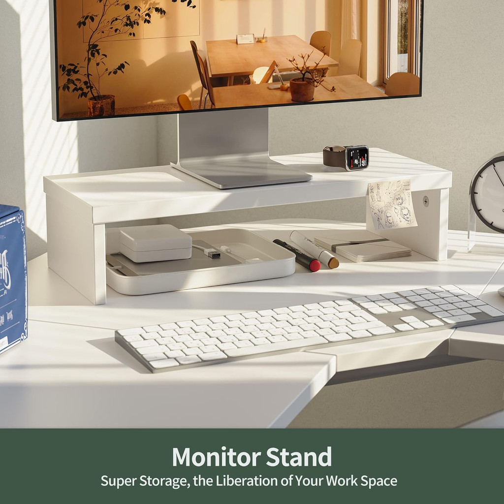Desk with monitor stand and organize accessories in a white workspace